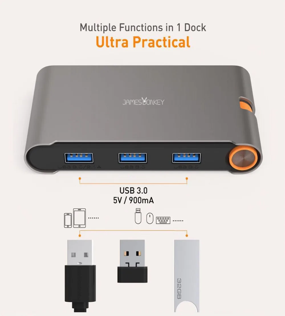 James Donkey USB C концентратор 8 в 1 USB док-станция USB-C к HDMI кард-ридер RJ45 PD адаптер для MacBook samsung Galaxy S9/S8/S8