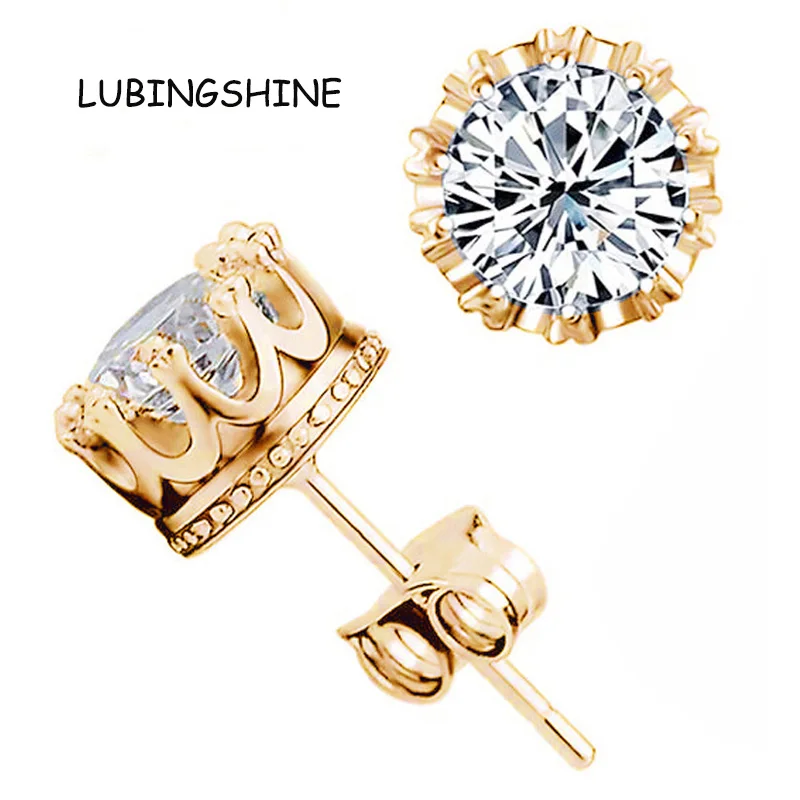 

Hot Sale Gold Color Earrings Stud Women Men Jewelry Crown Zircon Crystal Inlayed Double Stud Earrings FEAL E125