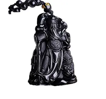 

Koraba Fine Jewelry Hand carved Natural Obsidian Guan Yu Warrior Guangong Hold Knife Knight Necklace pendant Free Shipping