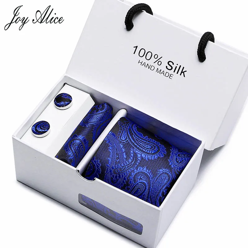 

3inch(7.5Cm) Wide Striped Men's Tie Wedding Ensemble Blue Paisley Man Tie, Handkerchief and Cufflinks Gift Box Packing