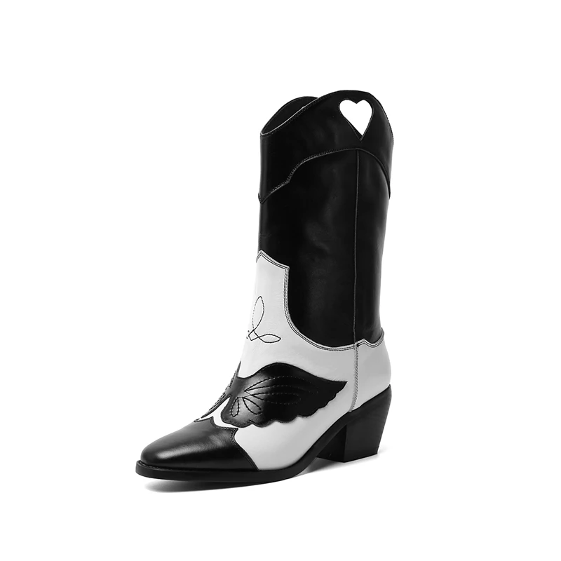 Новые зимние классические ковбойские ботинки в ковбойском стиле для женщин; кожаные женские ковбойские ботинки с острым носком; обувь на квадратном каблуке; женские ботинки до середины икры