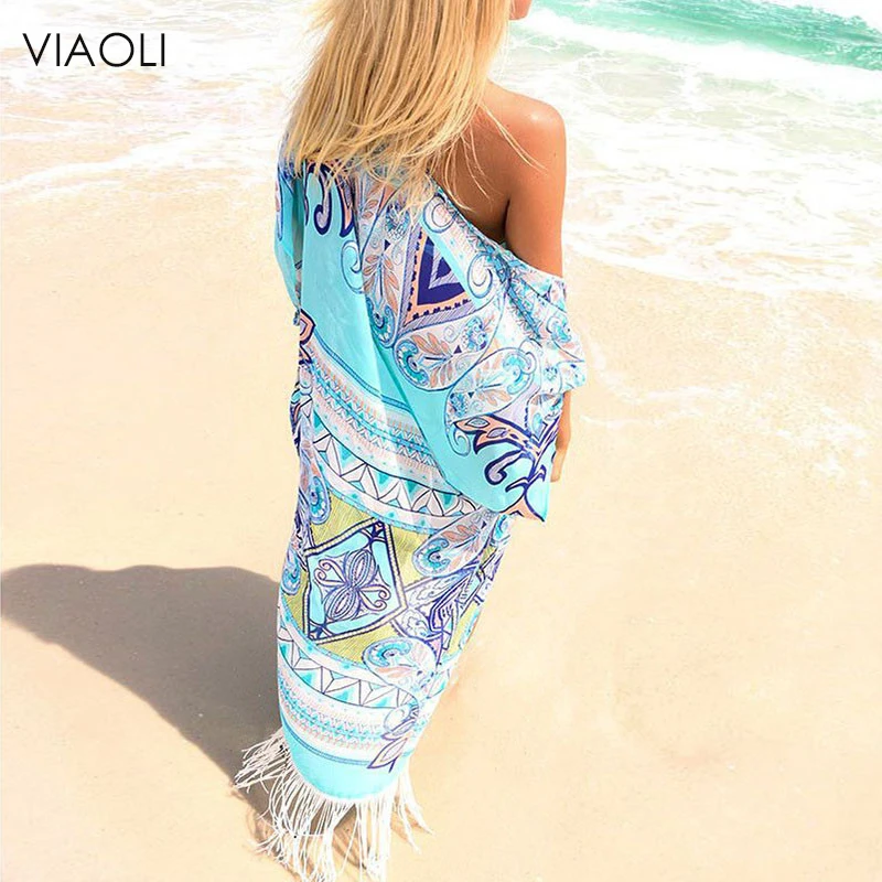 VIAOLI New Chiffon Beach Cover Up Long Tassel Beach Cardigan Feminino Swim suit Printed Bathing Suit Cover Ups Pareo Beach Tunic