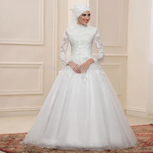 Glamorous Beaded Lace Hijab Muslim Wedding Dresses Flowers Wedding Dress Muslim Bridal Dresses Long Muslin Wedding Gowns WM36