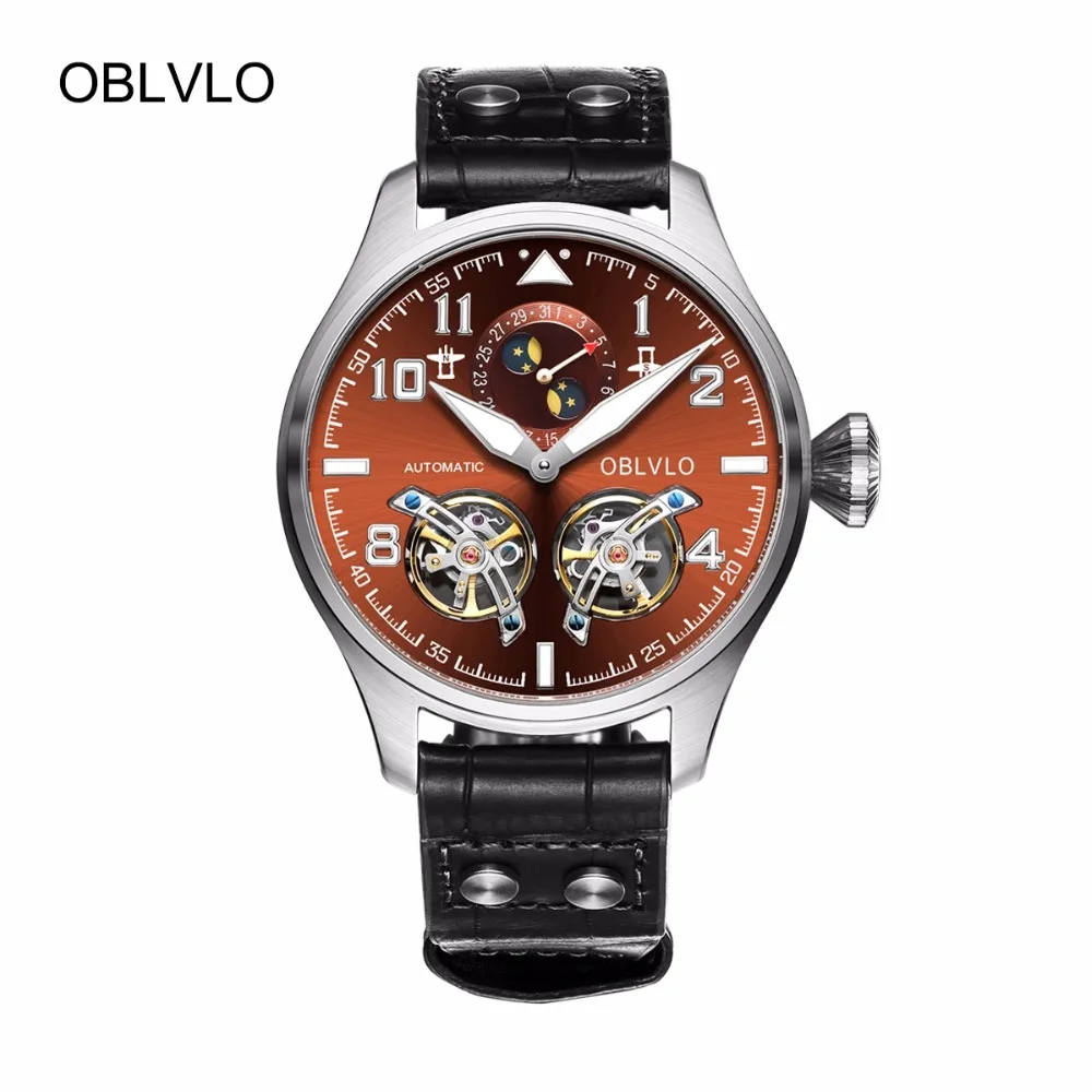 

OBLVLO Pilot Watches Double Tourbillon Mechanical Watch for Men Leather Strap Brown Dial Top Aviation Watches OBL8232