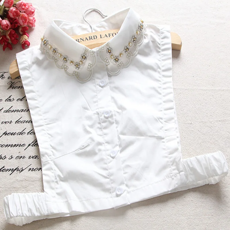 Fake Collar Shirt Embroidery White Embroidered Bead Rhinestone Shirt