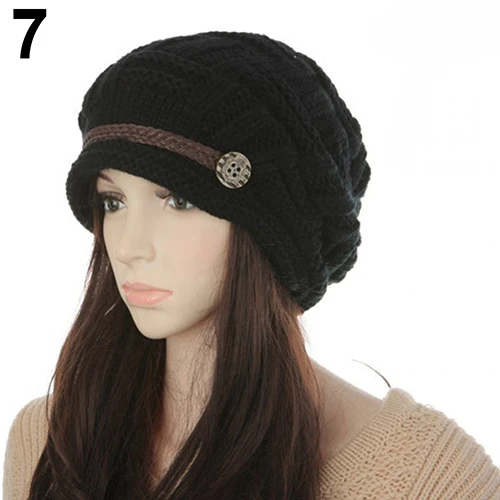 Женская модная зимняя теплая шапка бини шерстяная пряжа вязаный крючком чепчик головной убор - Цвет: Черный