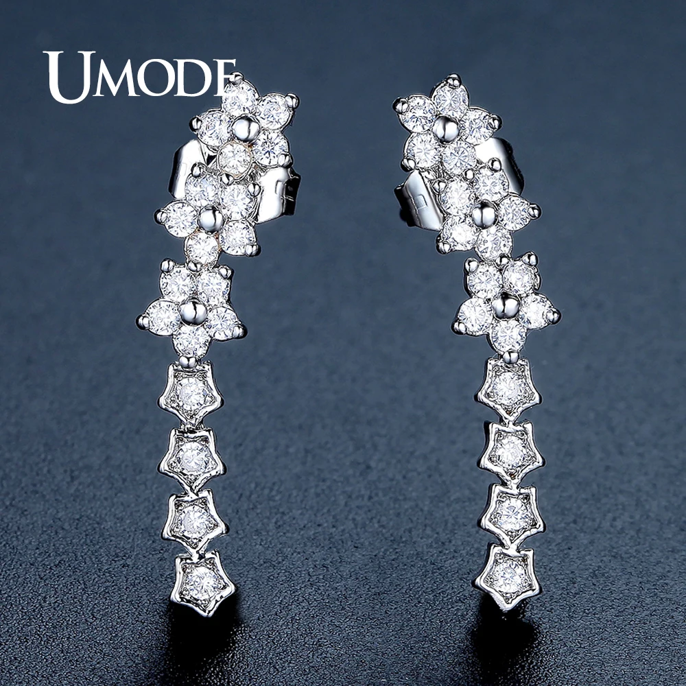 

UMODE Cute Flower CZ Crystal Stud Earrings for Women White Gold Color New Charm Star Ear Pins Boucle D'oreille Femme AUE0328