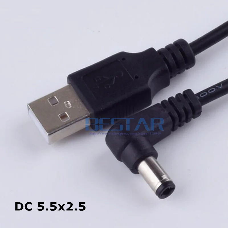 Черный разъем питания постоянного тока USB преобразует в 5,5*2,5 мм/DC 5525 L форма Jack 5,5 мм x 2,5 мм 5,5x2,5 мм локоть под прямым углом зарядный кабель 1 м