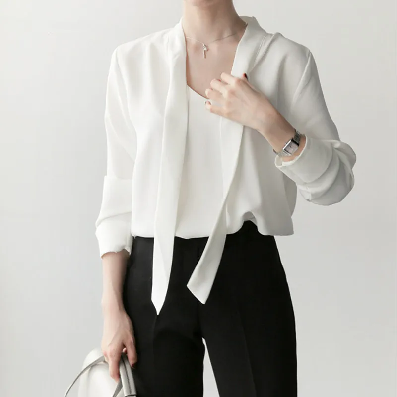 nvyou gou White V Neck Chiffon Blouse Long Sleeve With Bow Tie Summer Office Lady Casual Solid Shirt Elegant Top Women Plus Size Blouses