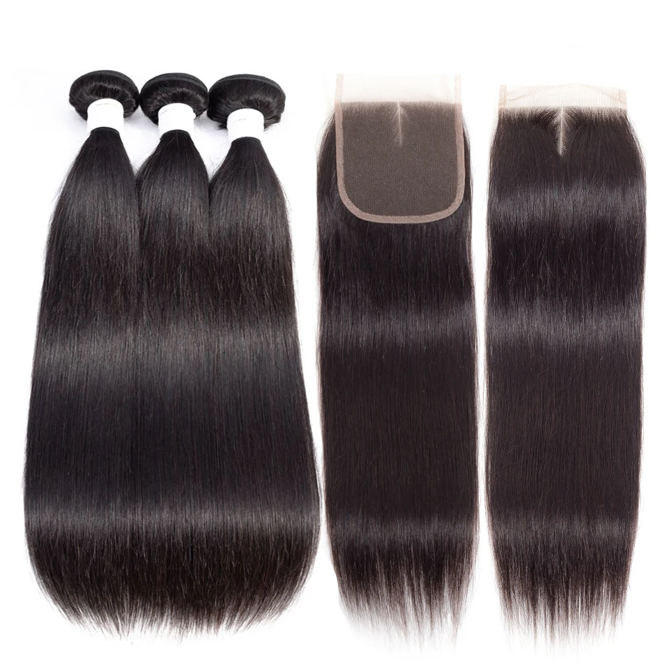 Peruvian Straight Human Hair 3 Bundles With Closure Peruvian Hair Weave ...