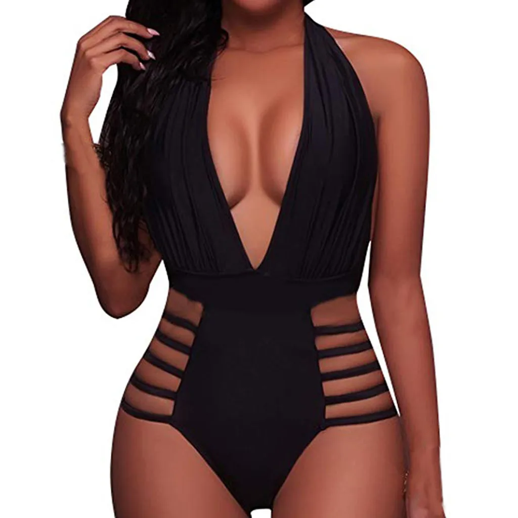 

summer Womendiving wetsuit Halter Plunge Deep V Neck print High waist Leg Cutout Monokini Bathing Suits #g8