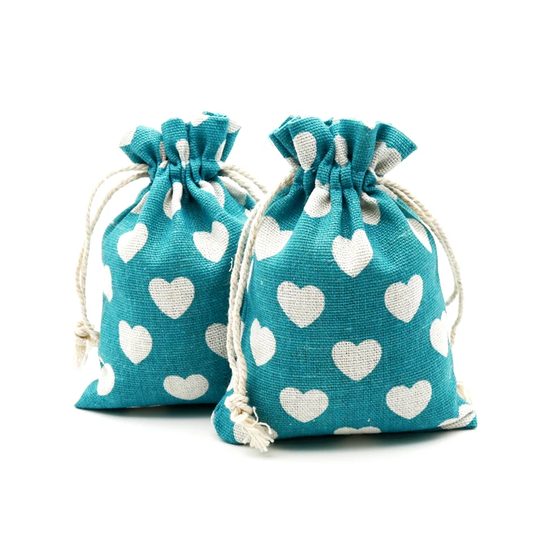 

5PCS 10x14cm Cotton Linen Bags Blue Sweet Heart Gift Drawstring Bags Neckalce Bracelets Bangle Jewelry Chinese Handmade Bag