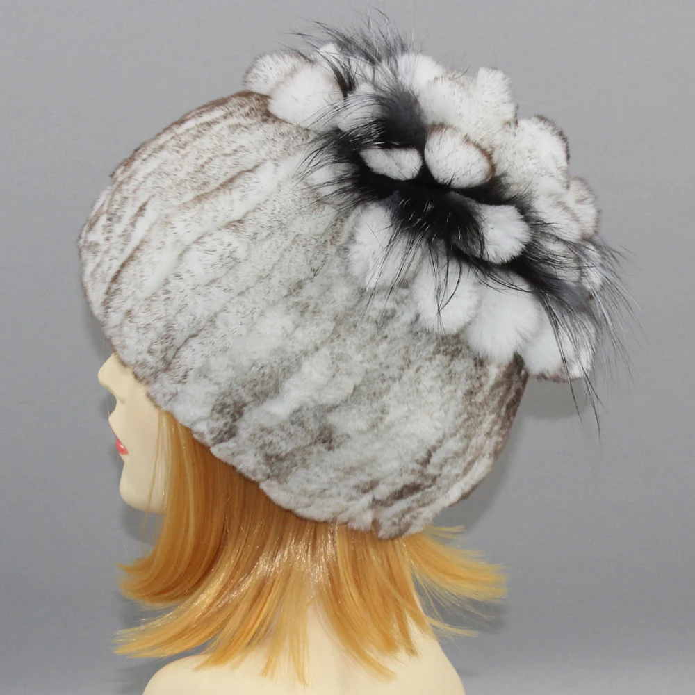 Winter Women Rex Rabbit Fur Hat With Silver Fox Fur Flowers Top Knitted Beanies Fashion Women Natural Real Fur Warm Cap