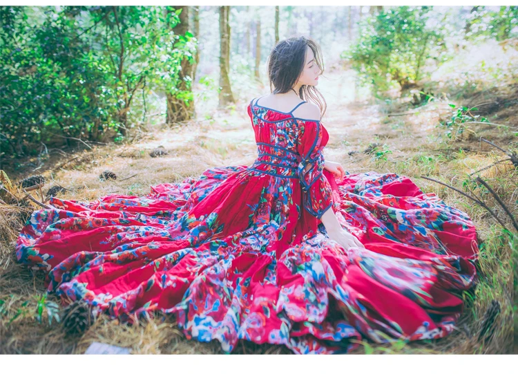 Весеннее женское этническое Трендовое Красное длинное платье с круглым вырезом и цветочным принтом из хлопка и льна