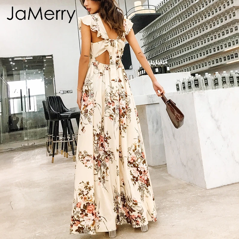 Kopen JaMerry 2018 V hals ruches lange jurk vrouwen bloemenprint boho maxi jurk zomer Lente casual hoge taille jurk vestidos femme