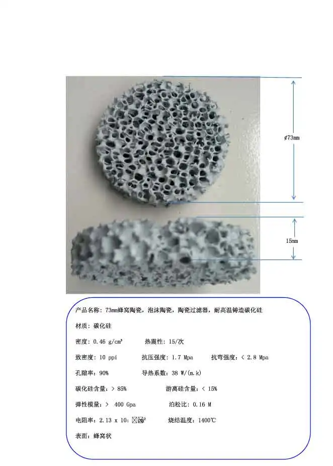 

73mm Honeycomb Ceramic, Foam Ceramic, Ceramic Filter, High Temperature Resistant Cast Silicon Carbide