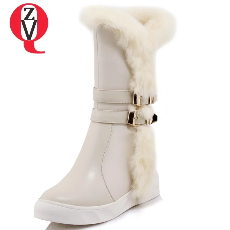 

ZVQ high quality genuine leather shoes women new fashion buckle high height increasing platform round toe concise mid calf boots