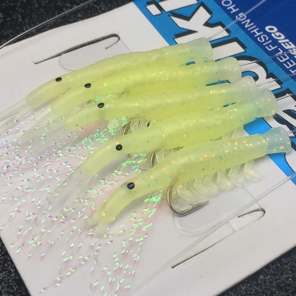 5PCS/ Set Soft Fishing Lure Rigs Luminous Shrimp String Hook Soft