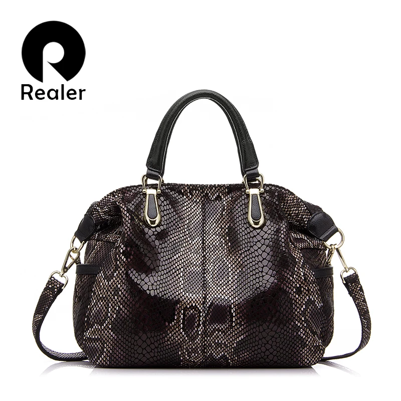 Prix pour REALER marque véritable fourre-tout en cuir sac femelle de mode serpentine imprime en cuir sacs à main femmes boston sac grand sac d'épaule Prix pour REALER marque véritable fourre-tout en cuir sac femelle de mode serpentine imprime en cuir sacs à main femmes boston sac grand sac d'épaule