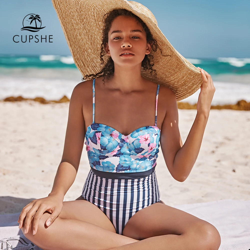 Kaufen CUPSHE Sexy Blau Hibiscus Blumen Und Streifen Einteiliges Badeanzug Frauen Push Up Monokini 2020 Mädchen Strand Badeanzüge