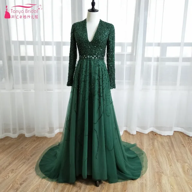 Dark Green Long Sleeve Prom Dress