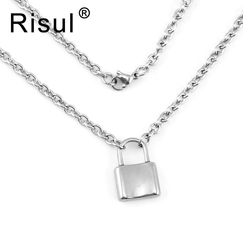 

Risul women fashion Lock necklace Stainless steel PadLock pendant necklace Rolo cable chain good quality Friendship Gifts