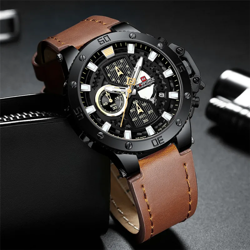 Мужские часы NAVIFORCE от ведущего бренда, роскошные спортивные часы с хронографом, военные армейские наручные часы, кожаные кварцевые мужские часы 9159