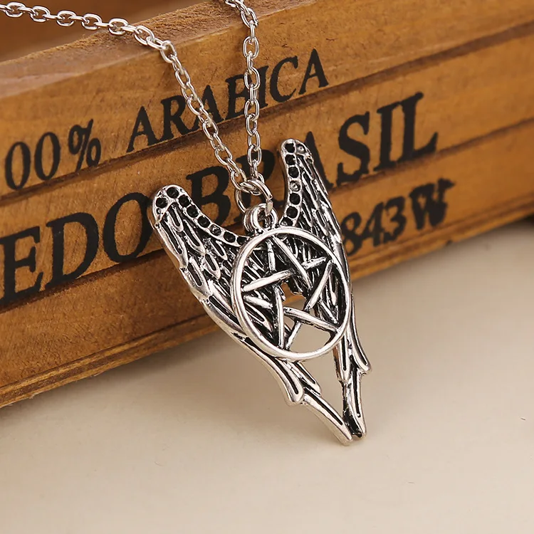 

Hot Selling Ancient Silver Five Star Angel Wing Charm Pendant Necklace Fashion Creativity Women Jewelry Accessories Holiday Gift