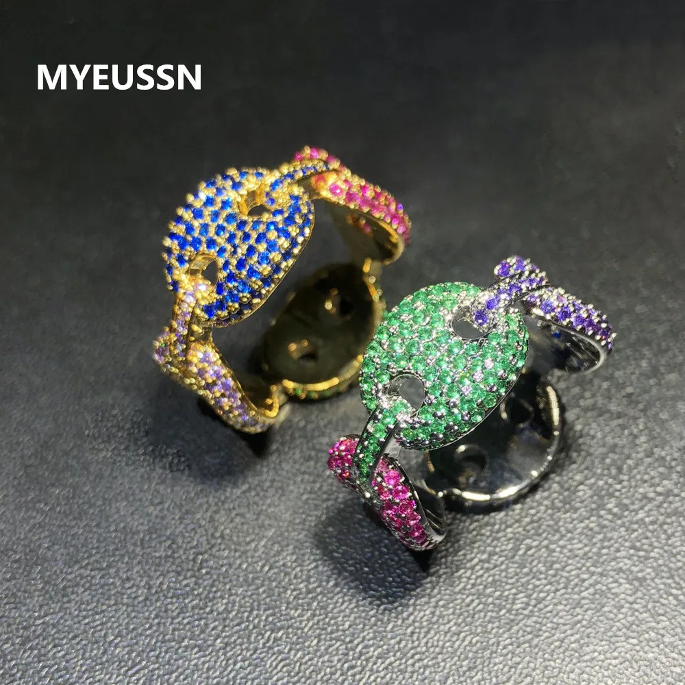 

Men's Cuban Link Rings coffee bean pig nose Charm Gold Color BLING Cubic Zircon Gold RING Fashion Hip Hop Jewelry For Gift