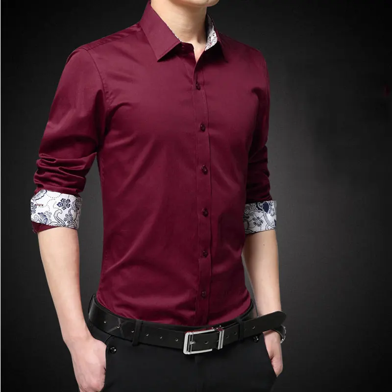 Модная рубашка в стиле пэчворк с цветочным рисунком для мужчин, осенняя новая Офисная Рабочая Рубашка с длинными рукавами мужские повседневные приталенные хлопчатобумажная сорочка Homme - Цвет: Wine Red