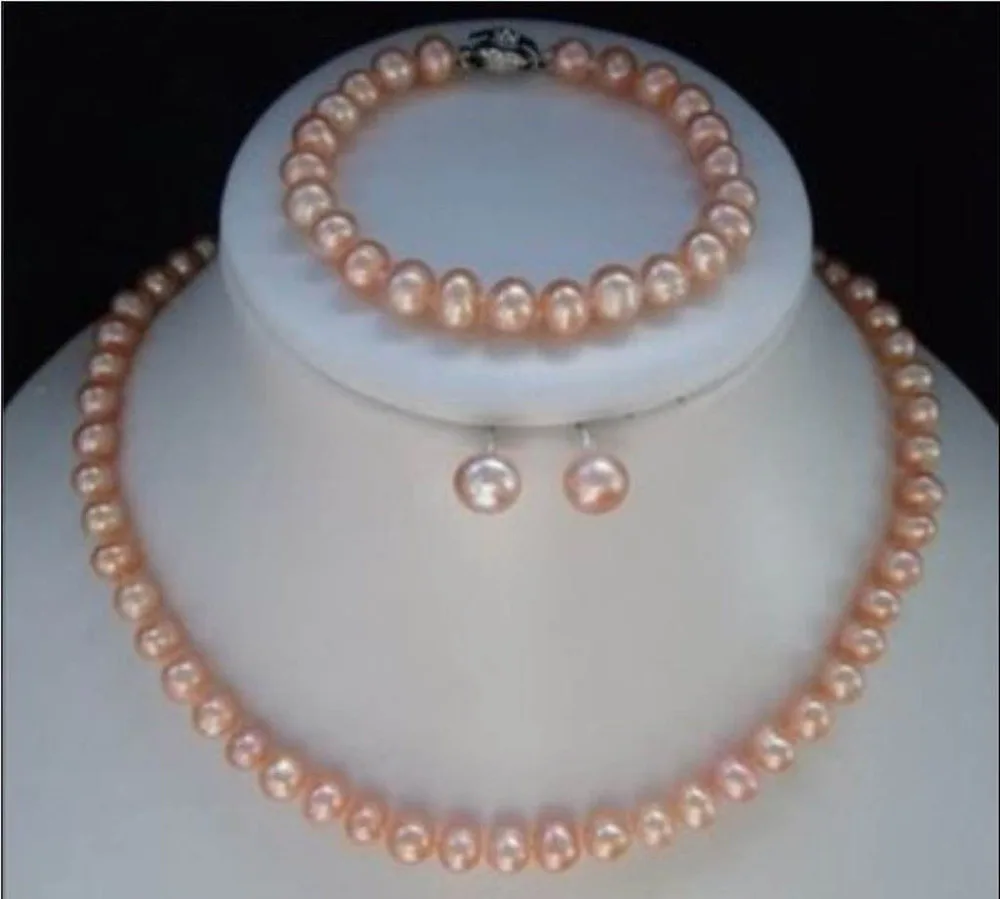 

Free shipping hot sale Women Bridal Wedding Jewelry >>7-8mm Pink Akoya Pearl Necklace Bracelet Earring Jewelry Sets