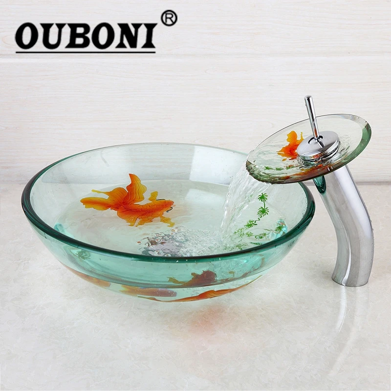 OUBONI закаленное стекло для ванной комнаты раковина и хромированный Водопад