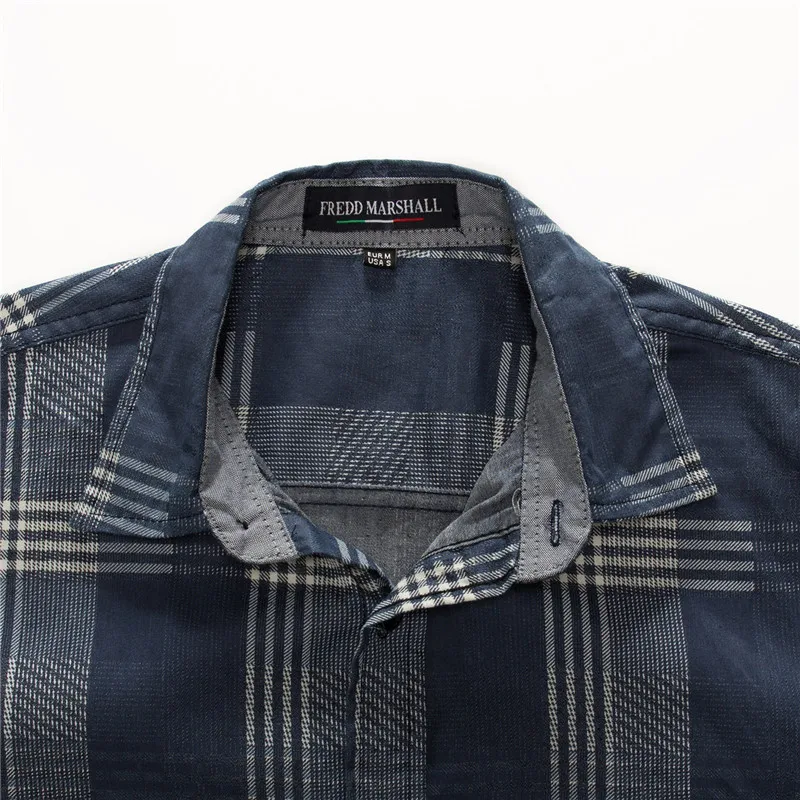 Fredd Marshall 2018 New Brand Men's Cotton Denim Patchwork Plaid Long Sleeve Shirt  Male Business Social Shirts Men Clothing Plus Size (7)
