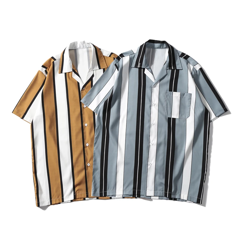Мужские летние модные брендовые рубашки в Корейском стиле, винтажные плотные полосатые рубашки с коротким рукавом, мужские повседневные свободные тонкие Гавайские пляжные рубашки