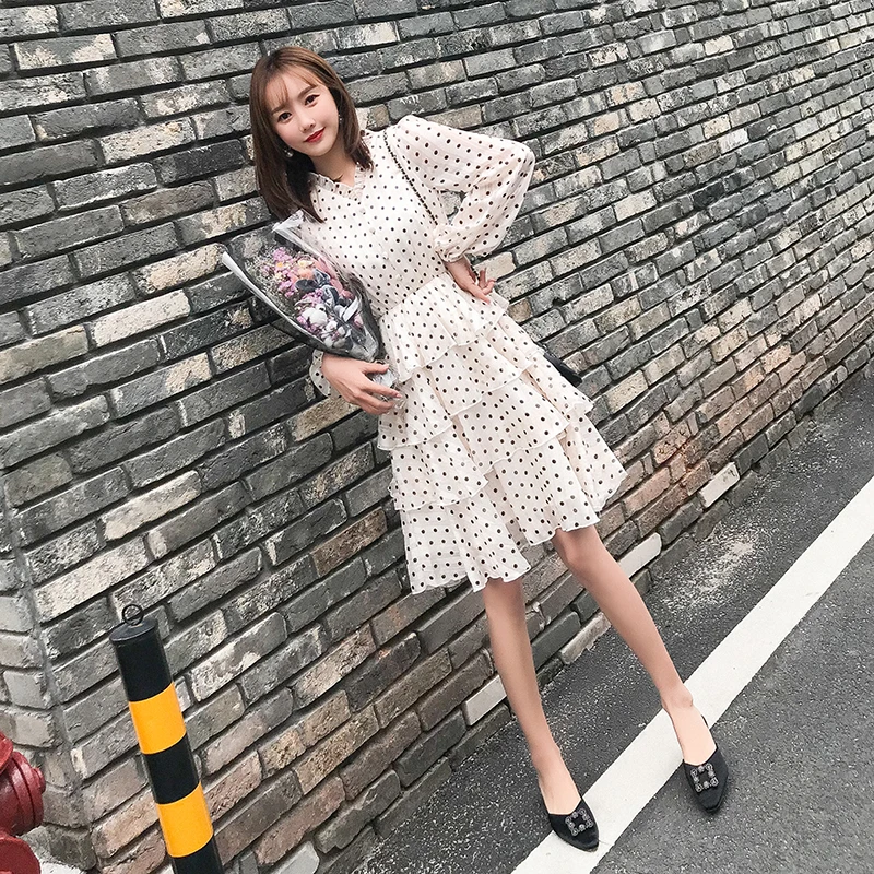 2019 Spring Fashion Women's Clothing Ruffles Dot Printing V-neck Dress Lantern Long Sleeves Button Chiffon Dresses | Женская одежда