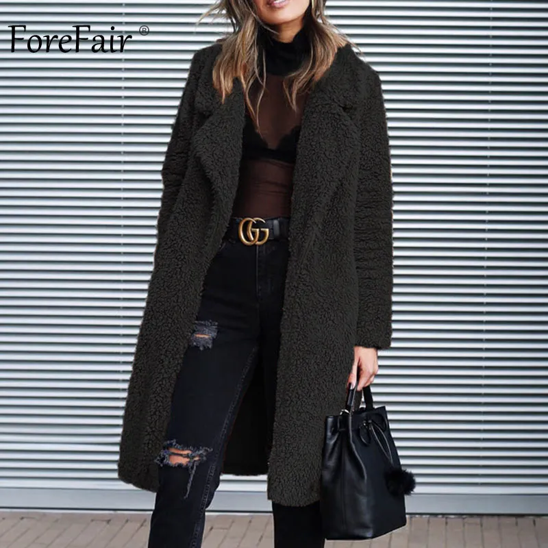 Forefair Winter Oversize Faux Fur Coat Women Manteau Plus Size Wide Lapel Warm Shaggy Teddy Bear Black Long Coat Women