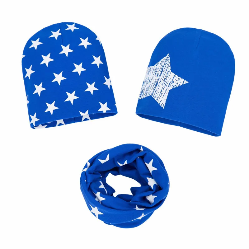Лидер продаж, Детский комплект с шапками, зимний шарф для девочек, модная шапка для мальчиков, Детские хлопковые шапочки, шарф с кольцом, шарф для мальчиков и девочек - Цвет: blue star 3pcs