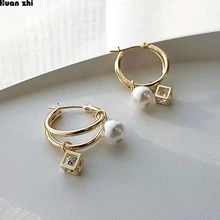HUANZHI новые двухслойные металлические круглые жемчужные Кристальные квадратные маленькие серьги-кольца для женщин и девушек, подарок на свадьбу