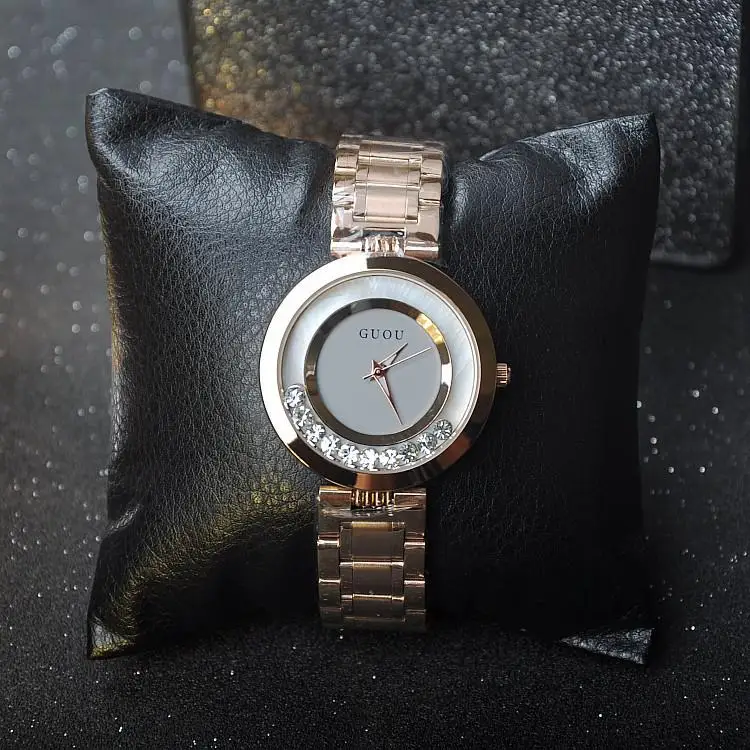 Новое поступление Роскошные GUOU Кристалл Золото ударопрочный водонепроницаемый кварц для женщин дамы девушки браслет наручные часы сталь кожа - Цвет: Steel Grey