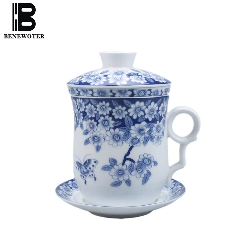 

320ml Jingdezhen Blue and White Porcelain Tea Mug with Lid Tea Strainer Saucer Kit Drinkware Teaware Master Coffee Milk Cups