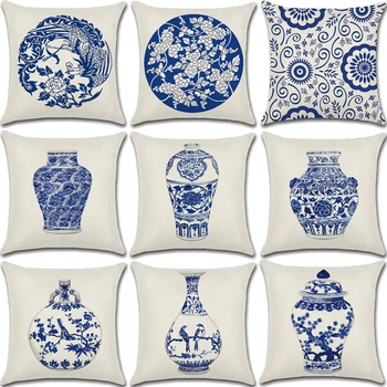 

Blue Porcelain Pillow Decorative Decor Cotton Linen 45*45 Cushion Cover Sofa Pillowcase for Living Room Pillowcover 40601