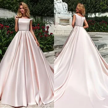 

Glamorous Satin Bateau Neckline Bridal Gown Natural Waistline A-line Wedding Dress with Beading Belt Long Train Ice Pink Dresses