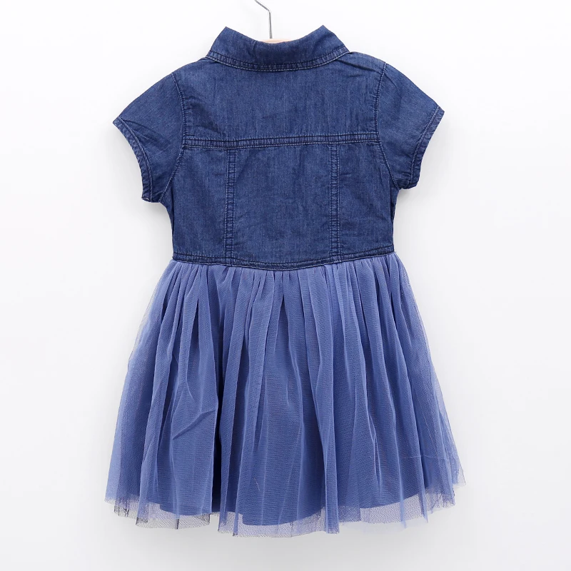 Girls Dress Denim Net Yarn Short-Sleeved Lapel Button Decoration Summer Girls Clothes Princess Party Kids Dresses For Girls