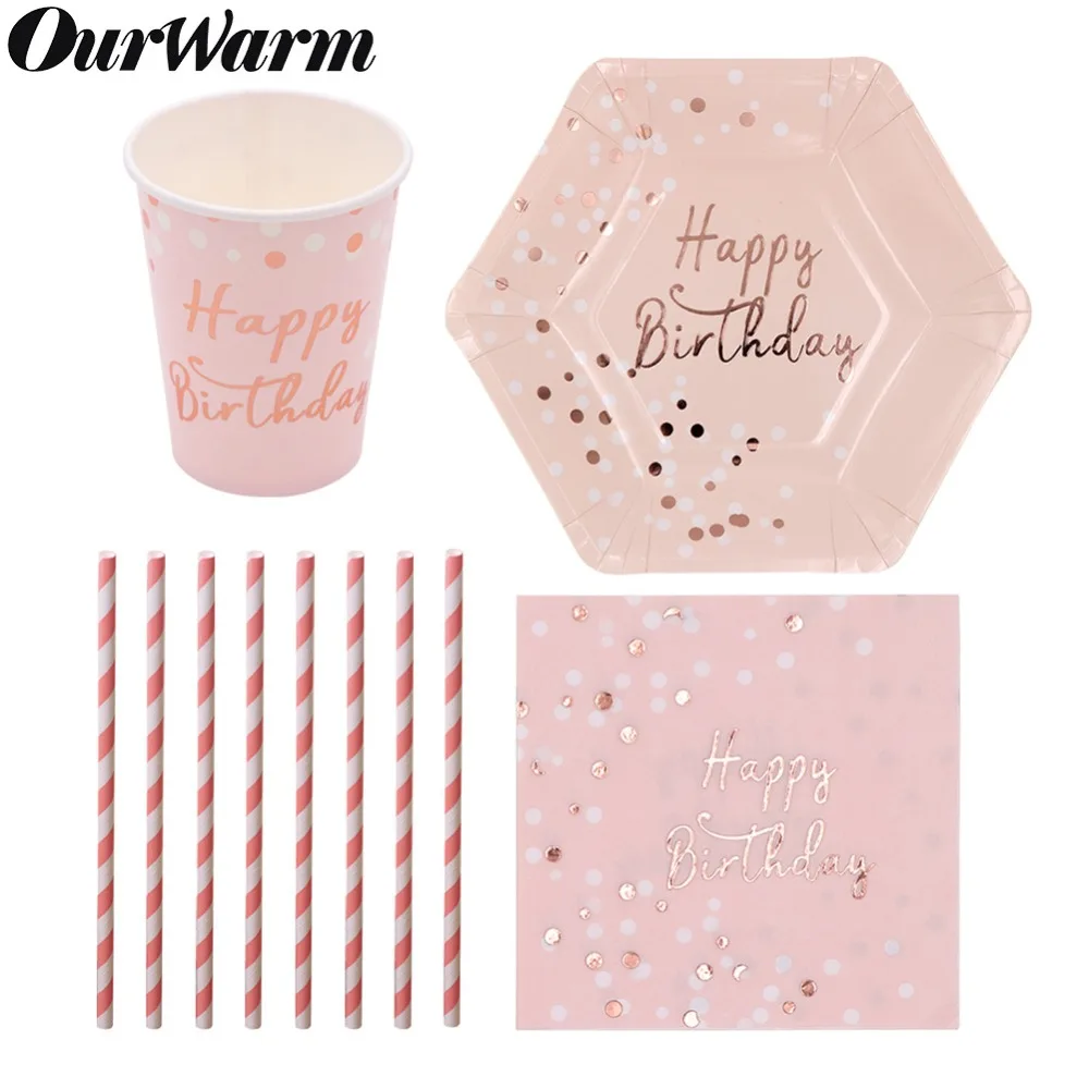 

OurWarm Disposable Tableware Paper Cups Straws Kraft Plates Napkins Kids Baby Pink Happy Birthday Party Table Decoration