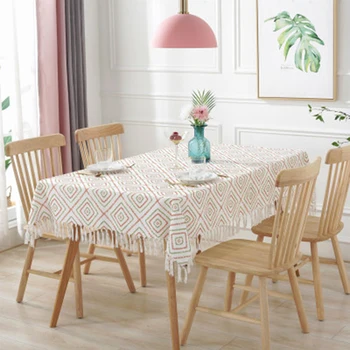 

100% Polyester Printed Dust Tassel Rectangular Cotton and Linen Tablecloth High-end Kitchen Restaurant Decoration table cover