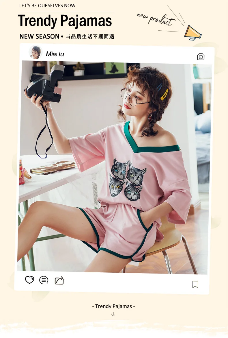 Пижамный комплект, летняя пижама из хлопка, женская рубашка с короткими рукавами с милым животным котом, домашний сервис, большие размеры M, L, XL, XXL, XXXL