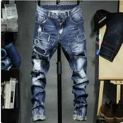 Мужские облегающие джинсы 2019 новые европейские уличные модные мужские тонкие ноги эластичные брюки с высокой посадкой стирка отверстие