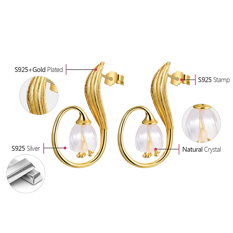 Lotus Fun Real 925 Sterling Silver Handmade Fine Jewelry Natural Crystal Gold Lily of the Valley Flower Drop Earrings for Women - Image 5