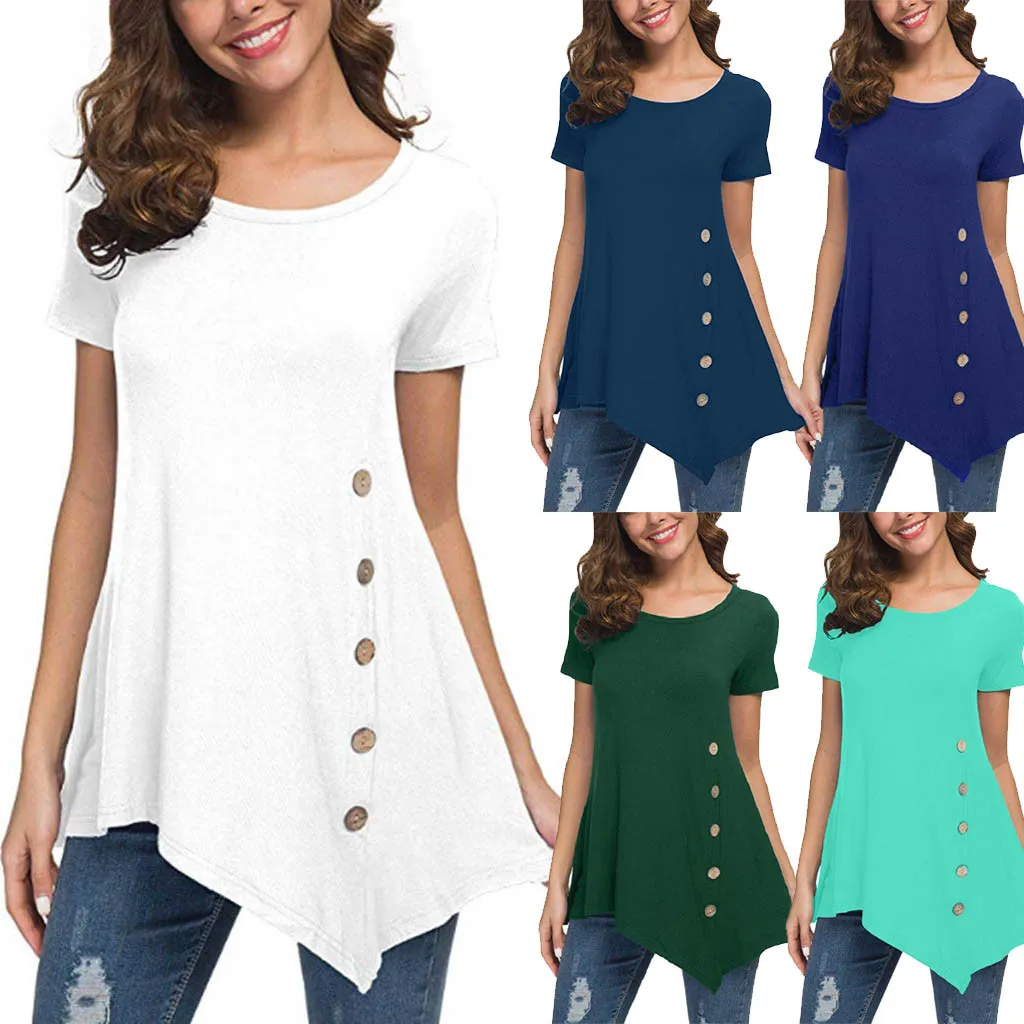 

Women's blouses summer plus size button shirt high quality Solid color Round Neck Loose Irregular Hem Short Sleeved Blouse 2020