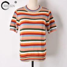 ORDEESON, полосатая трикотажная футболка, топ, футболка, женские рубашки, Корейская Летняя Повседневная футболка, женская одежда Kawaii, забавные модные